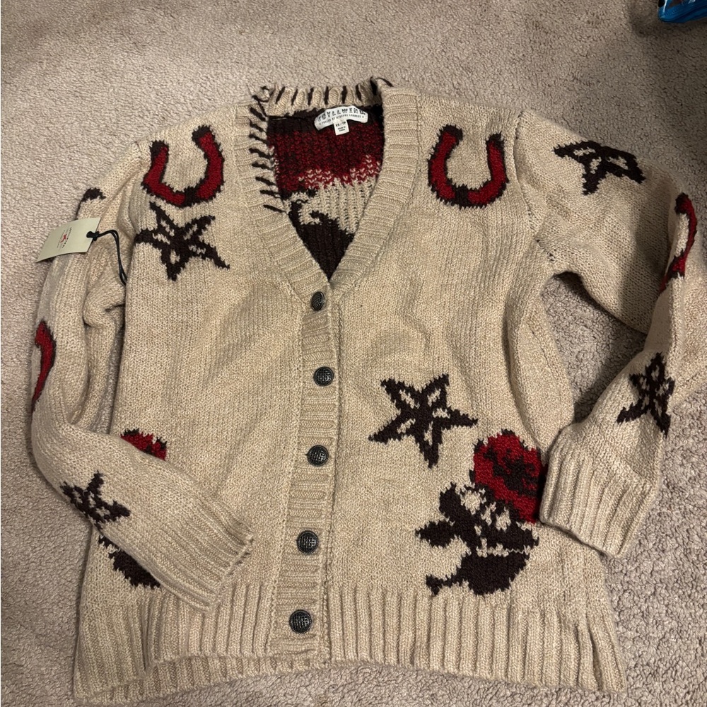 Idyllwind Beige Cardigan with Red and Brown Patterns